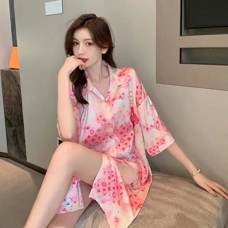 New Pajama Women Summer Lace Nightgown Ice Silk Short Sleeve Thin Loose Large Size Sexy Shirt Nightgown Dress Homewear Women