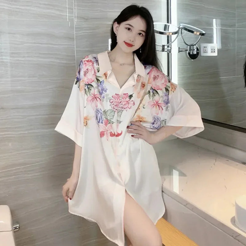New Pajama Women Summer Lace Nightgown Ice Silk Short Sleeve Thin Loose Large Size Sexy Shirt Nightgown Dress Homewear Women