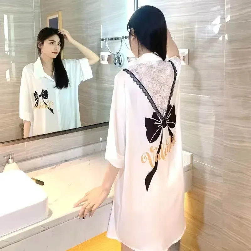 New Pajama Women Summer Lace Nightgown Ice Silk Short Sleeve Thin Loose Large Size Sexy Shirt Nightgown Dress Homewear Women