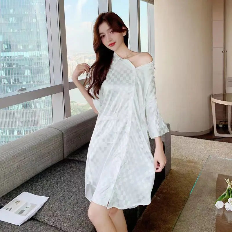 New Pajama Women Summer Lace Nightgown Ice Silk Short Sleeve Thin Loose Large Size Sexy Shirt Nightgown Dress Homewear Women