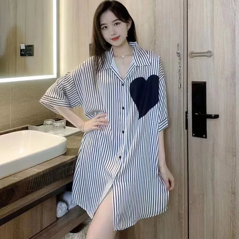 New Pajama Women Summer Lace Nightgown Ice Silk Short Sleeve Thin Loose Large Size Sexy Shirt Nightgown Dress Homewear Women