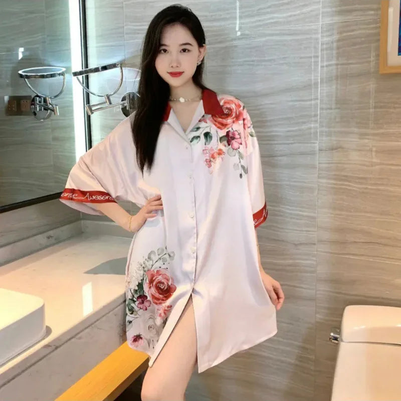 New Pajama Women Summer Lace Nightgown Ice Silk Short Sleeve Thin Loose Large Size Sexy Shirt Nightgown Dress Homewear Women