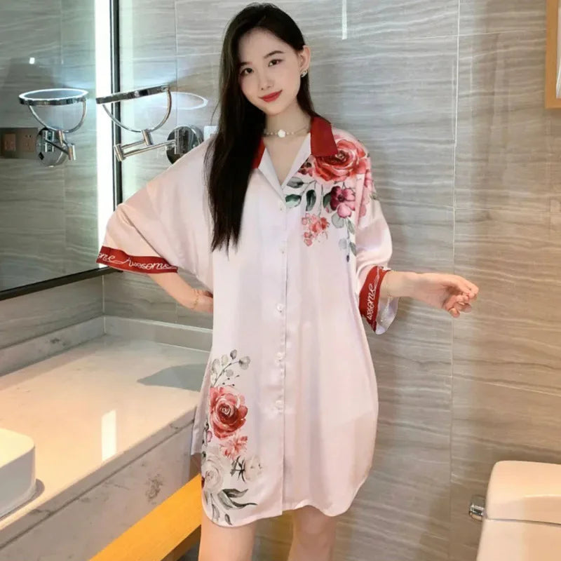 New Pajama Women Summer Lace Nightgown Ice Silk Short Sleeve Thin Loose Large Size Sexy Shirt Nightgown Dress Homewear Women