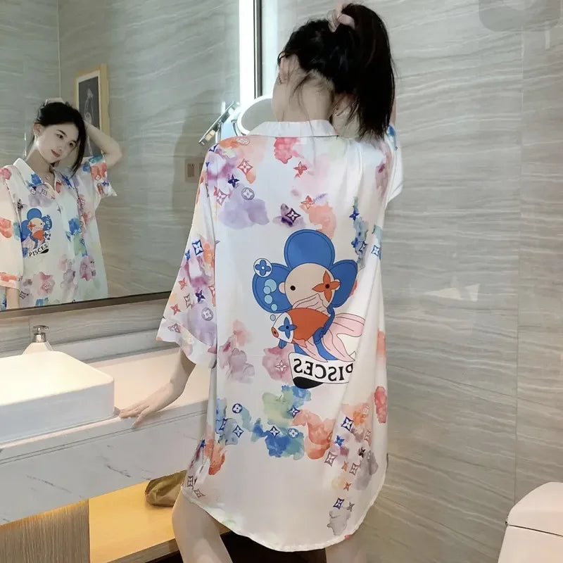 New Pajama Women Summer Lace Nightgown Ice Silk Short Sleeve Thin Loose Large Size Sexy Shirt Nightgown Dress Homewear Women