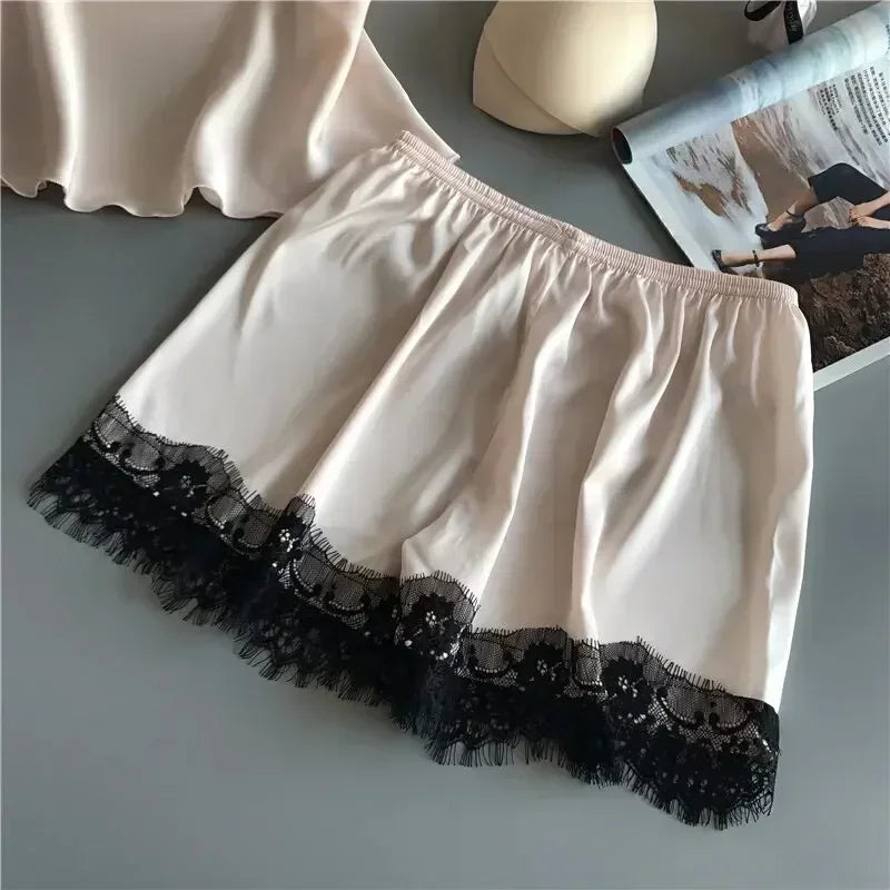 New Women's Satin Ice Silk Pajama Suits V-Neck Lace Stretch Female Seamless Sexy Lingerie Homewear Pyjamas Shorts Sets Sleepwear