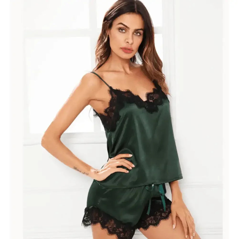 Fashionable Sexy Imitation Silk Lace Pajama Set Women Comfortable Sleeveless Suspender Pajama Shorts Nightwear
