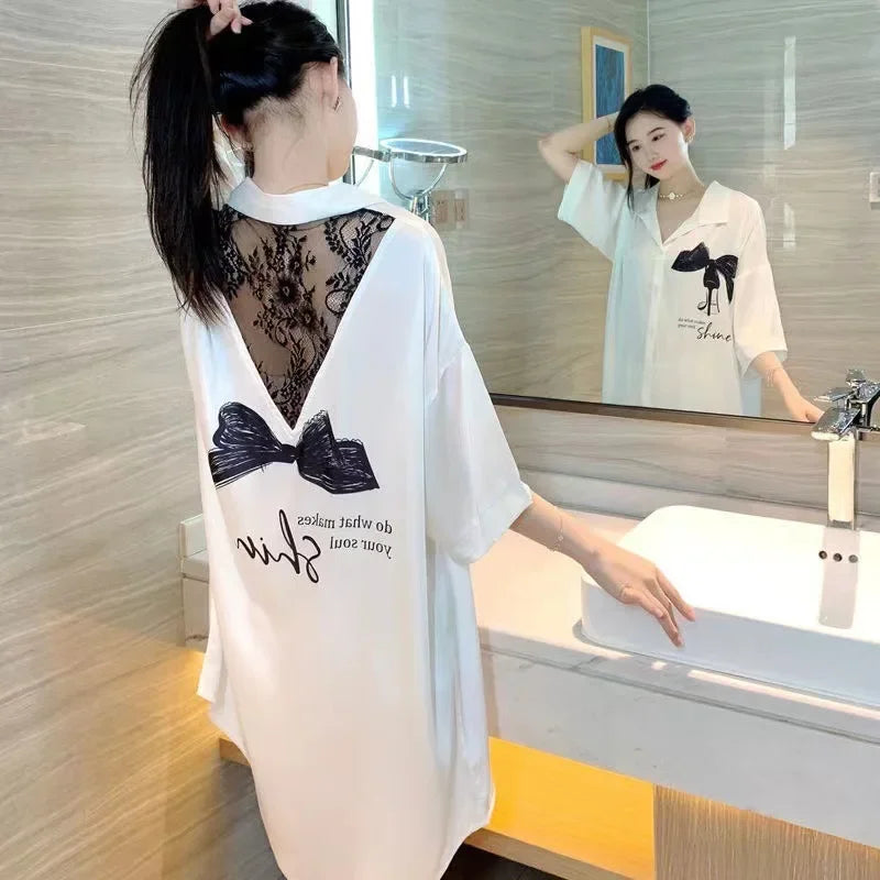 New Pajama Women Summer Lace Nightgown Ice Silk Short Sleeve Thin Loose Large Size Sexy Shirt Nightgown Dress Homewear Women