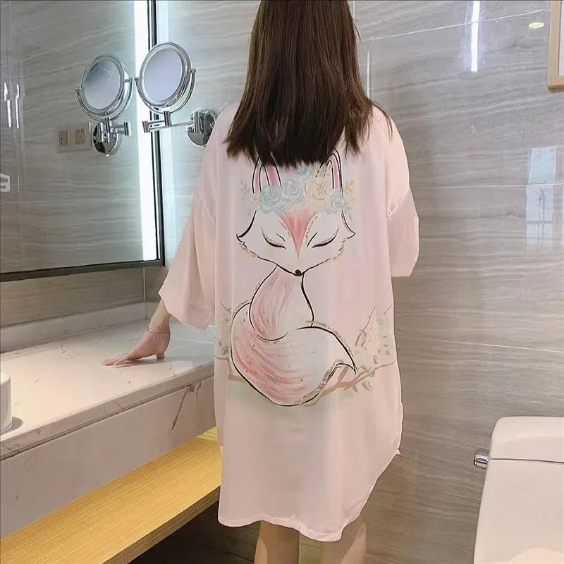 New Pajama Women Summer Lace Nightgown Ice Silk Short Sleeve Thin Loose Large Size Sexy Shirt Nightgown Dress Homewear Women
