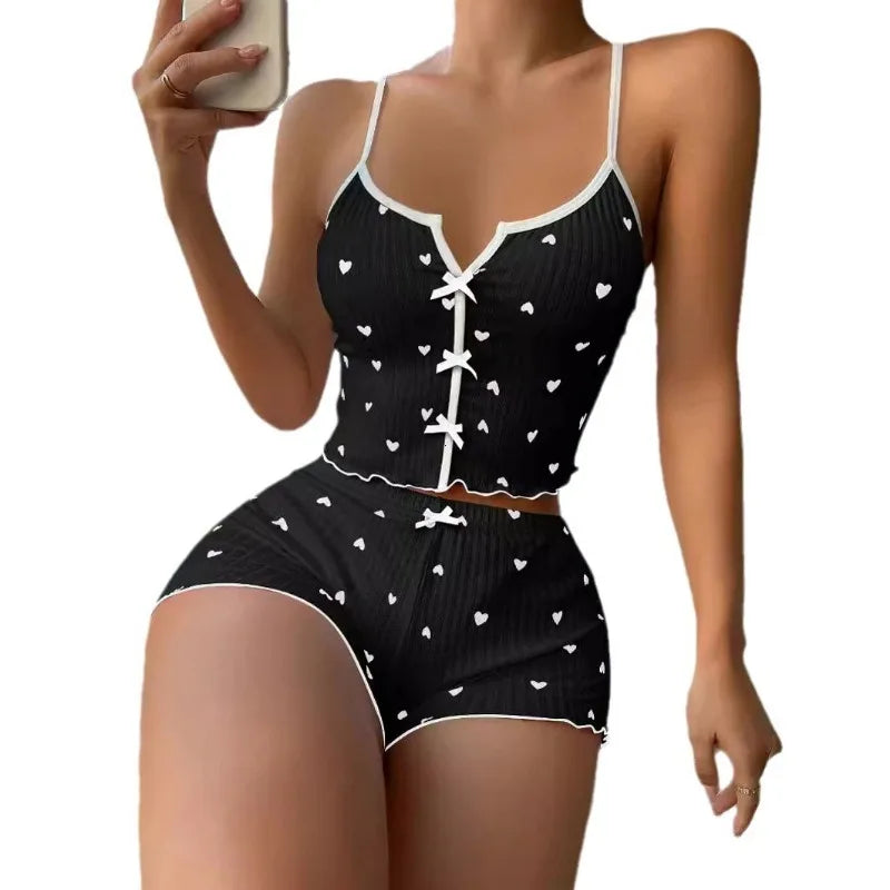 Sleepwear Women Pajamas Set Heart Print Soft Ribbed Fabric with Flirty Frill Trim Casual Cami Top and Shorts Sets Loungewear