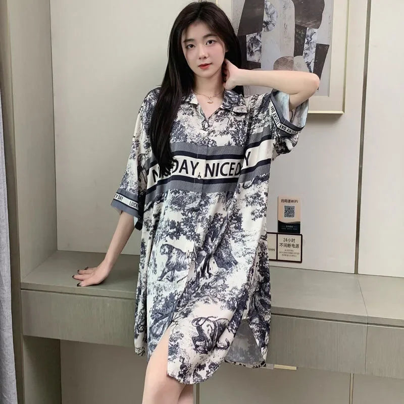 New Pajama Women Summer Lace Nightgown Ice Silk Short Sleeve Thin Loose Large Size Sexy Shirt Nightgown Dress Homewear Women