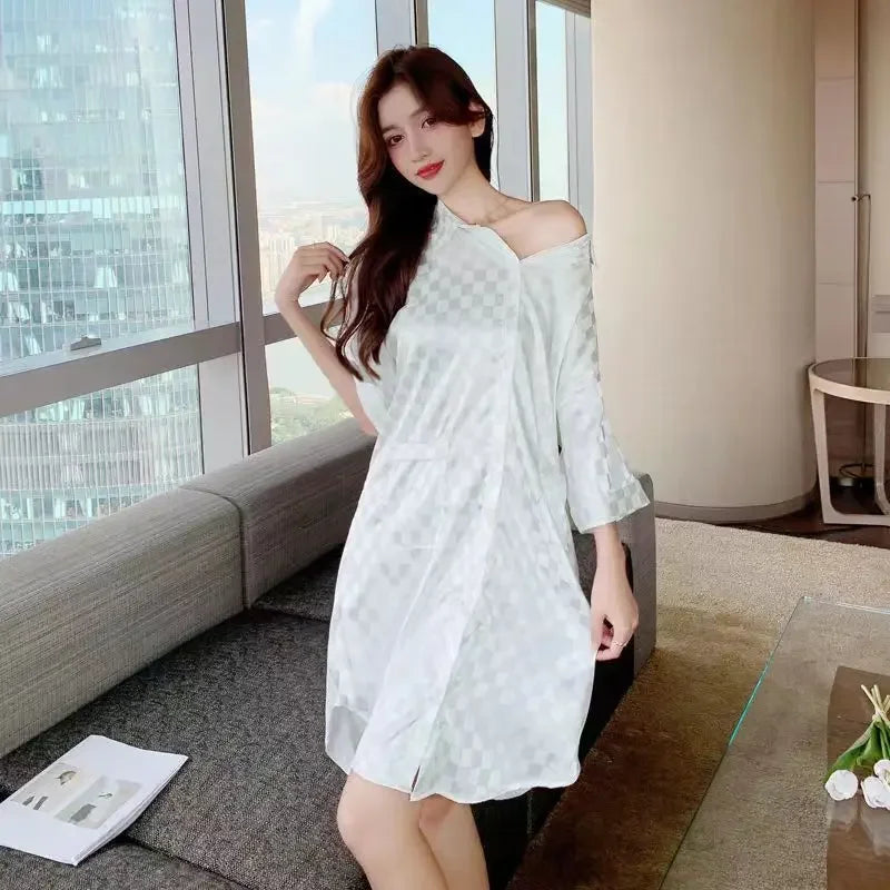 New Pajama Women Summer Lace Nightgown Ice Silk Short Sleeve Thin Loose Large Size Sexy Shirt Nightgown Dress Homewear Women