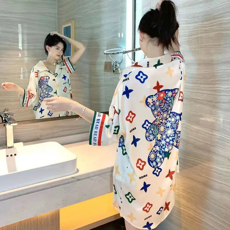 New Pajama Women Summer Lace Nightgown Ice Silk Short Sleeve Thin Loose Large Size Sexy Shirt Nightgown Dress Homewear Women