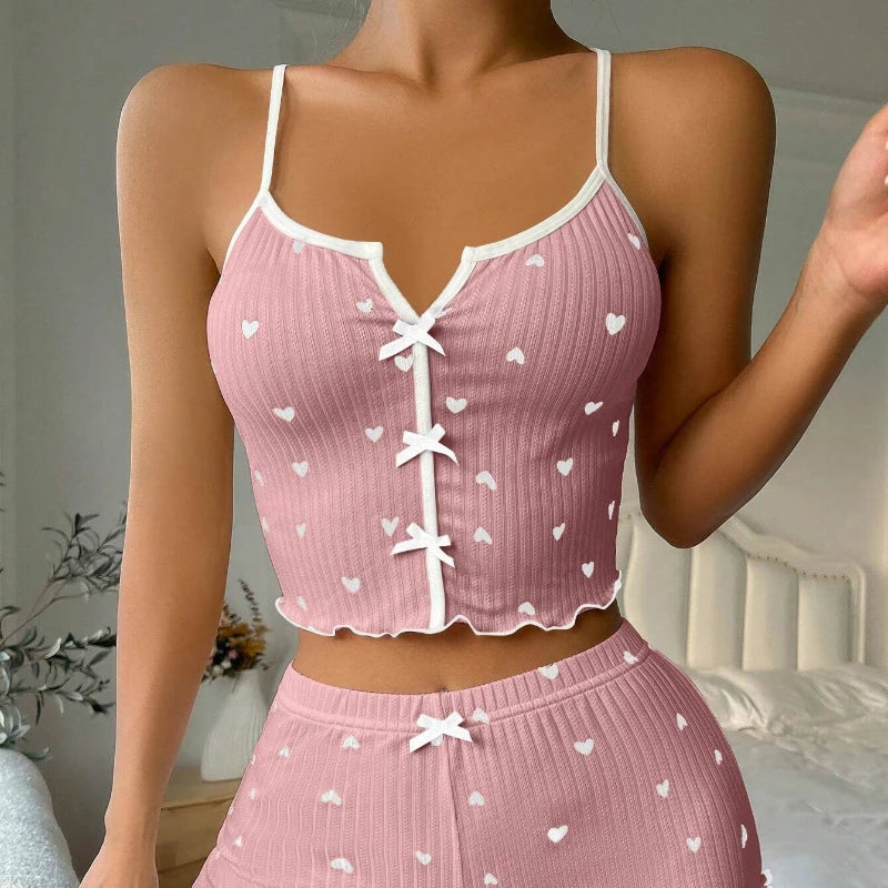 Sleepwear Women Pajamas Set Heart Print Soft Ribbed Fabric with Flirty Frill Trim Casual Cami Top and Shorts Sets Loungewear