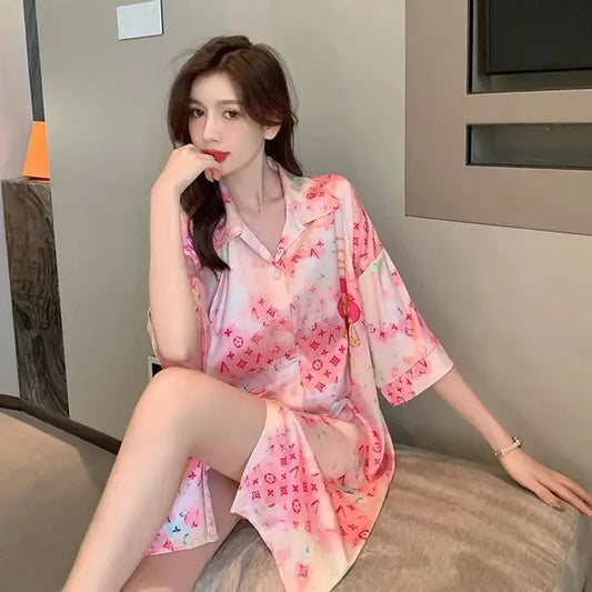 New Pajama Women Summer Lace Nightgown Ice Silk Short Sleeve Thin Loose Large Size Sexy Shirt Nightgown Dress Homewear Women